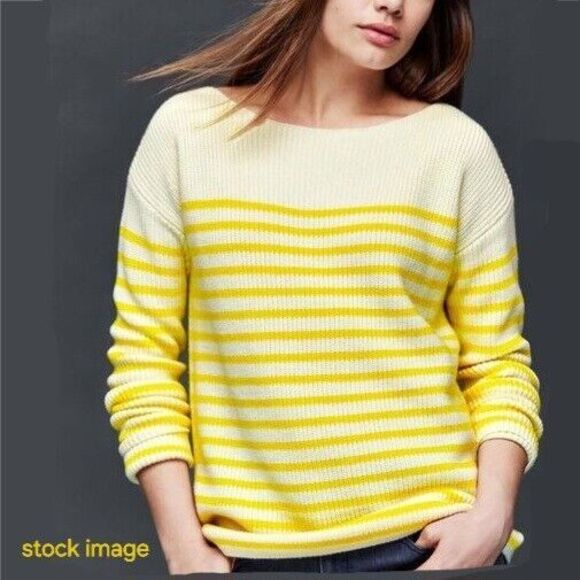 Gap Stripe Shaker‎ Sweater Yellow Cream Knit Women's Medium Merino Wool Pullover - Picture 1 of 9